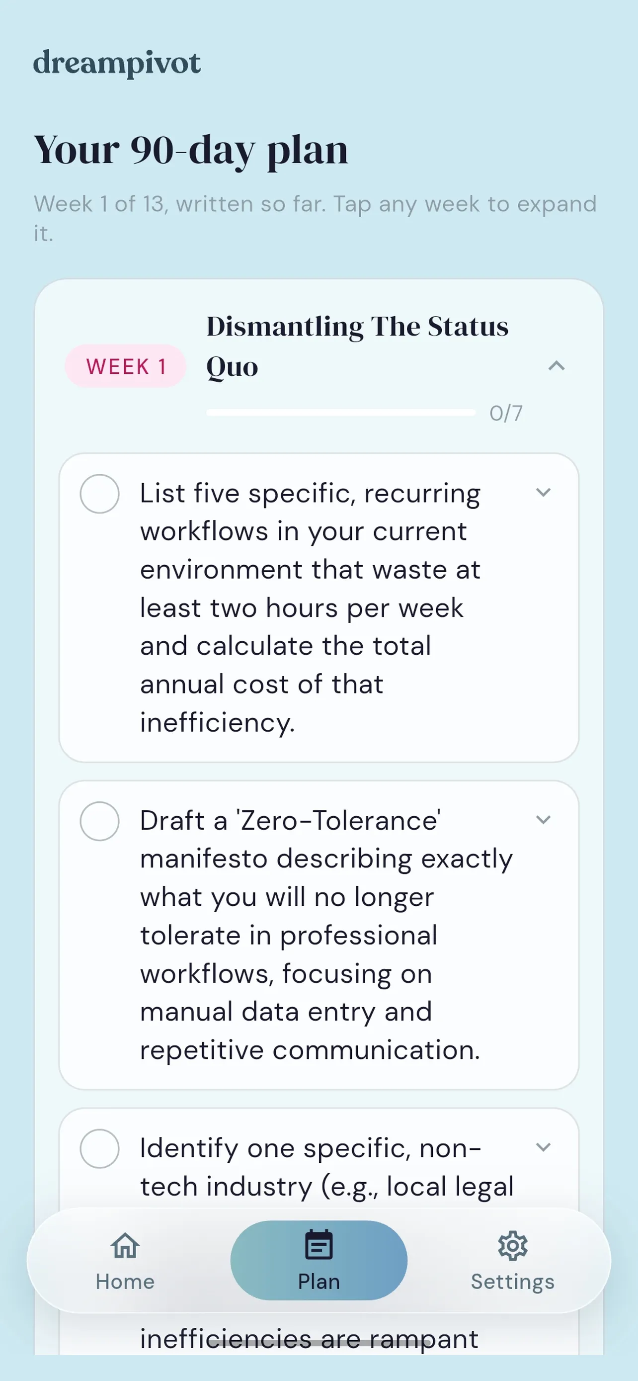 Dream Pivot 90-day plan, week 1 of 13, with the first tasks listed